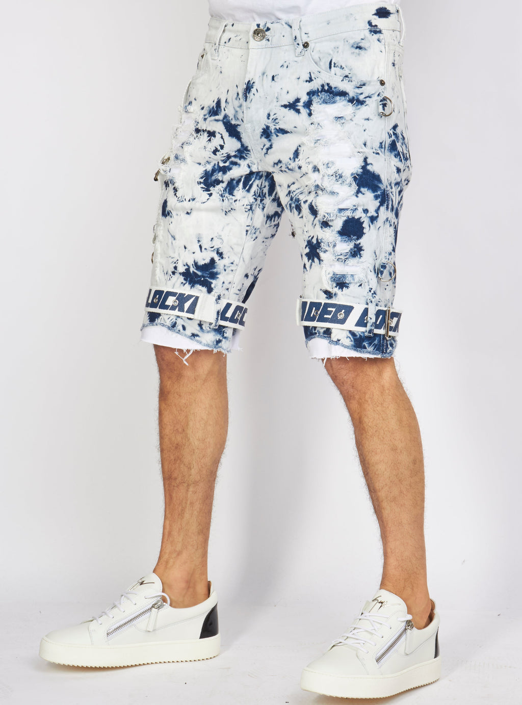 LNL Shorts - Strapped Denim - Acid Wash with White and Blue - LLDS421101