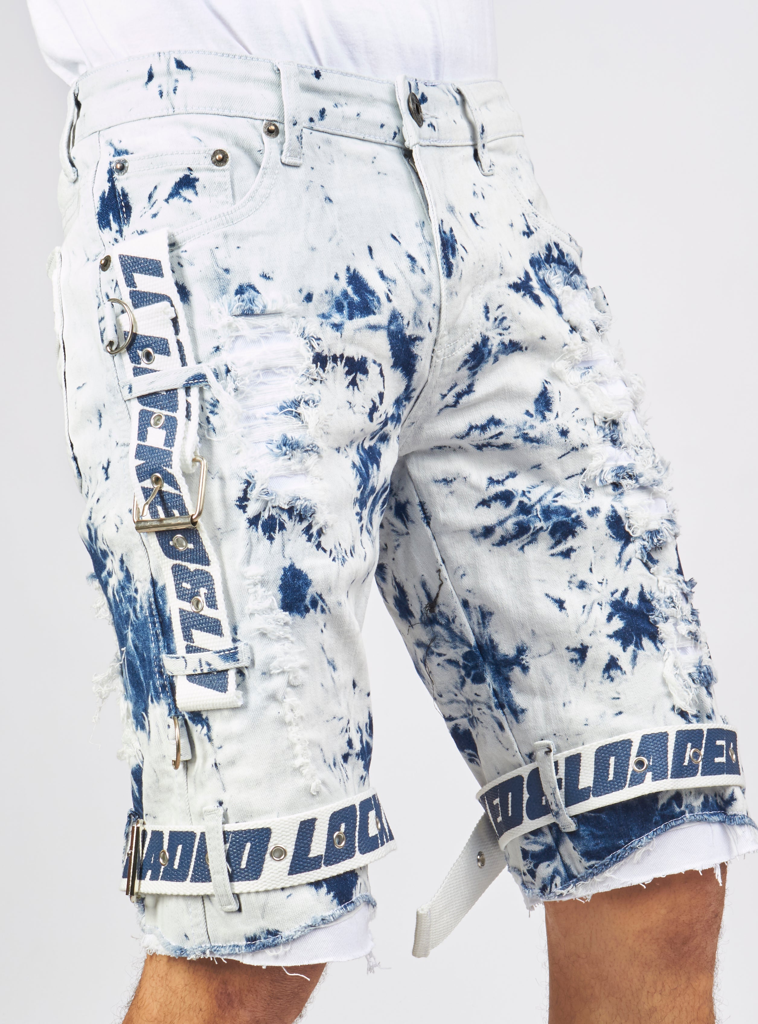 LNL Shorts - Strapped Denim - Acid Wash with White and Blue - LLDS421101
