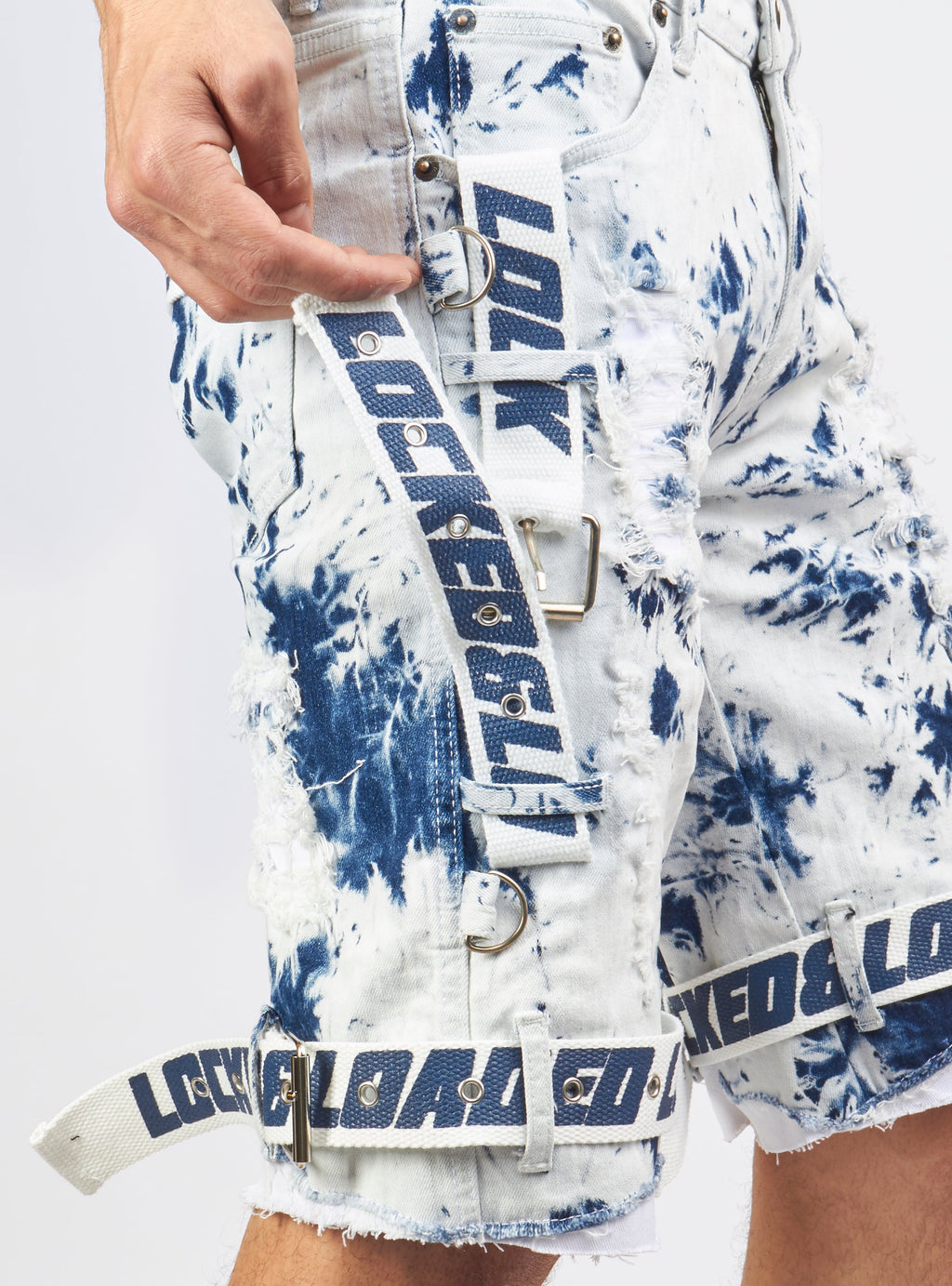 LNL Shorts - Strapped Denim - Acid Wash with White and Blue - LLDS421101