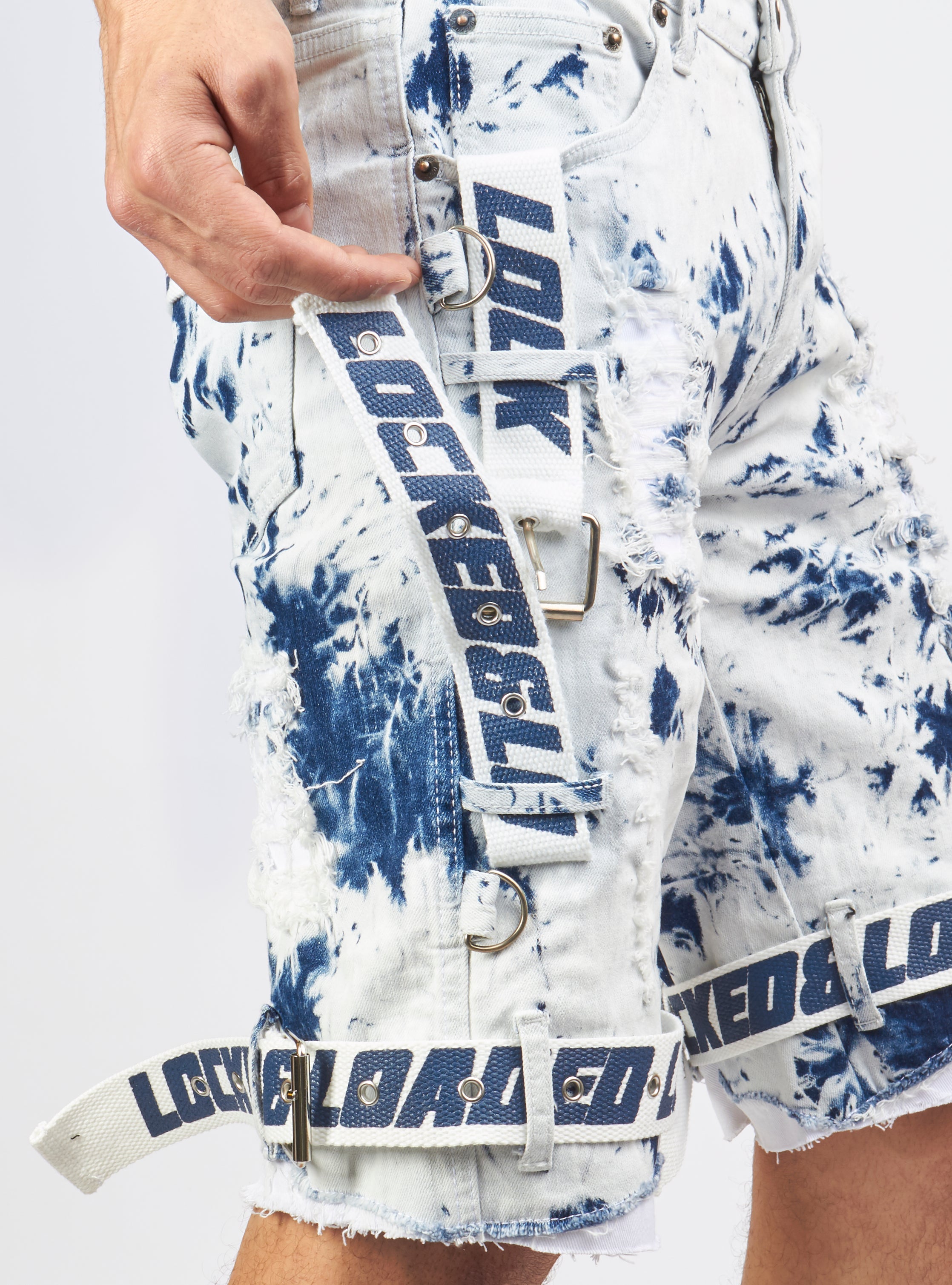 LNL Shorts - Strapped Denim - Acid Wash with White and Blue - LLDS421101