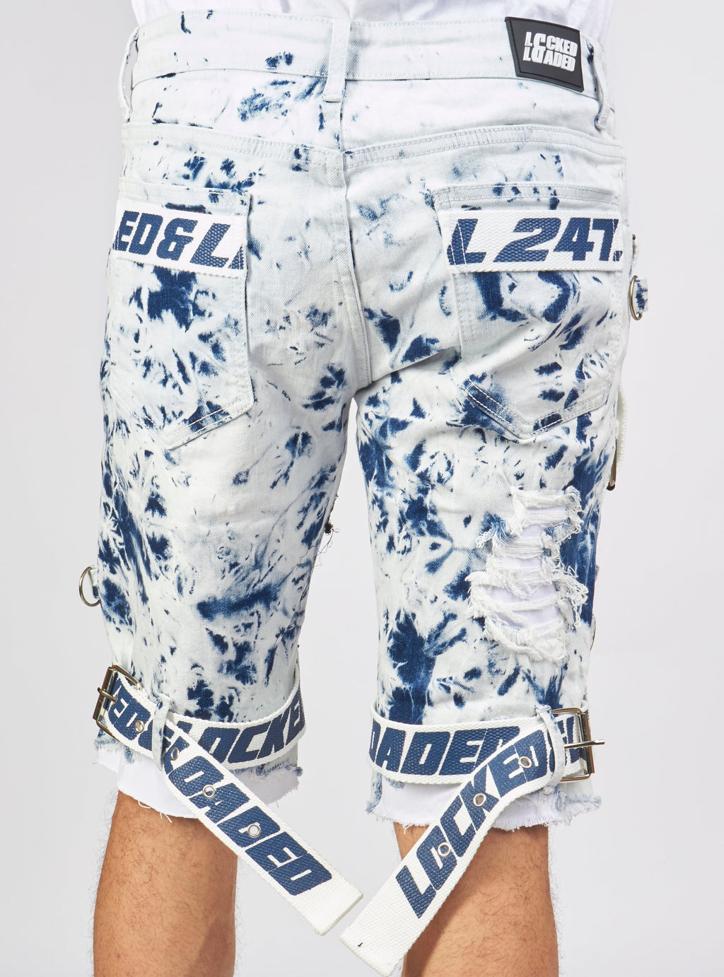LNL Shorts - Strapped Denim - Acid Wash with White and Blue - LLDS421101