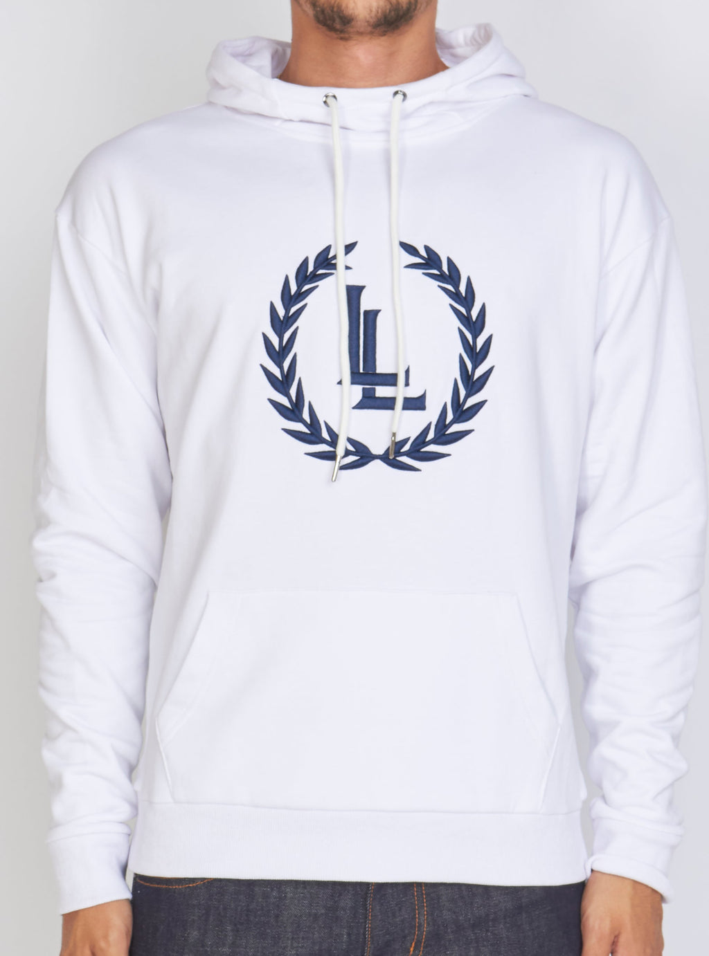 LNL Hoodie - Crest Pullover - White and Navy - LLCH602