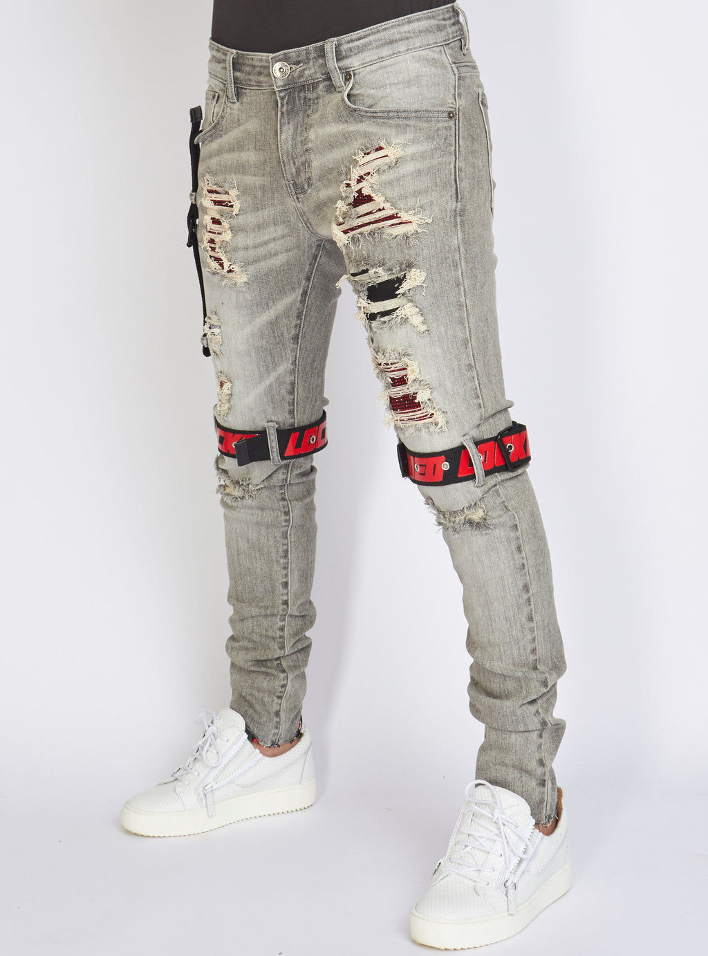 LNL Jeans - Straps - Grey Wash And Red - LLCDP0925570