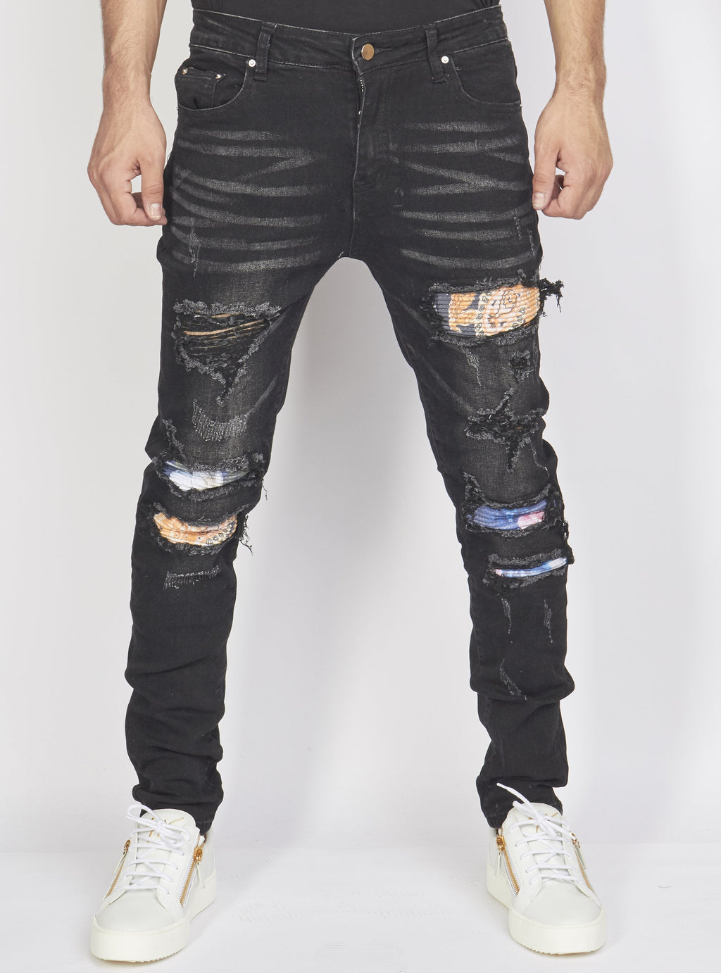 Politics Jeans - Distressed with Paisley Ribbing - Black - PLTKS0521660