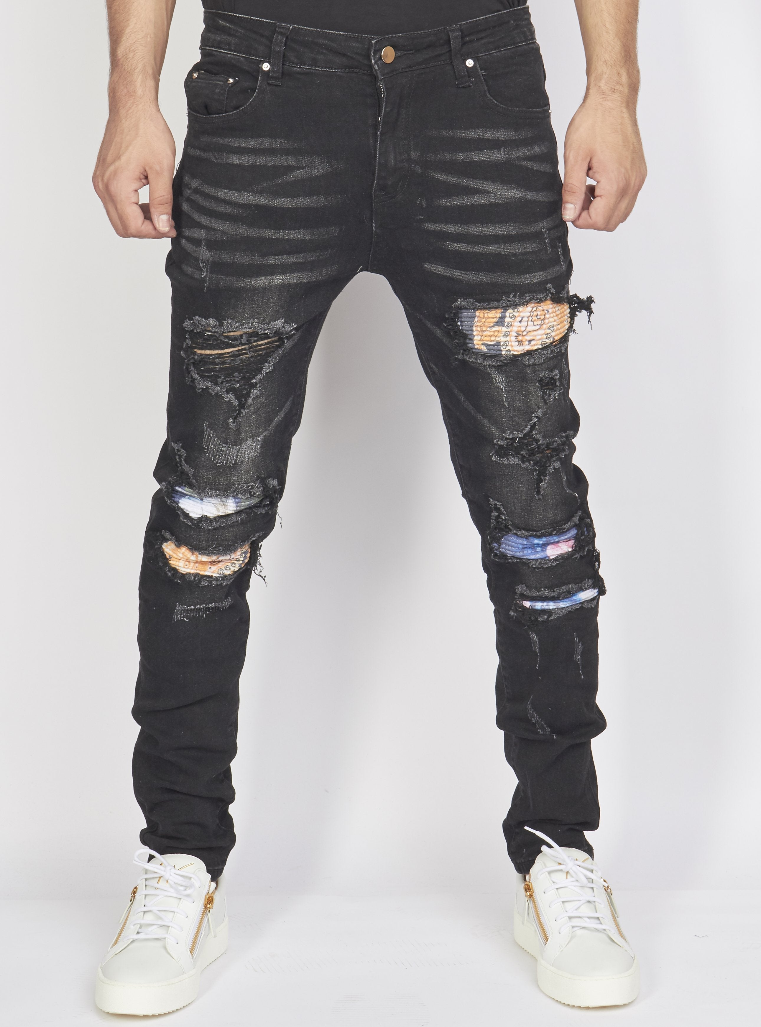 Politics Jeans - Distressed with Paisley Ribbing - Black - PLTKS0521660