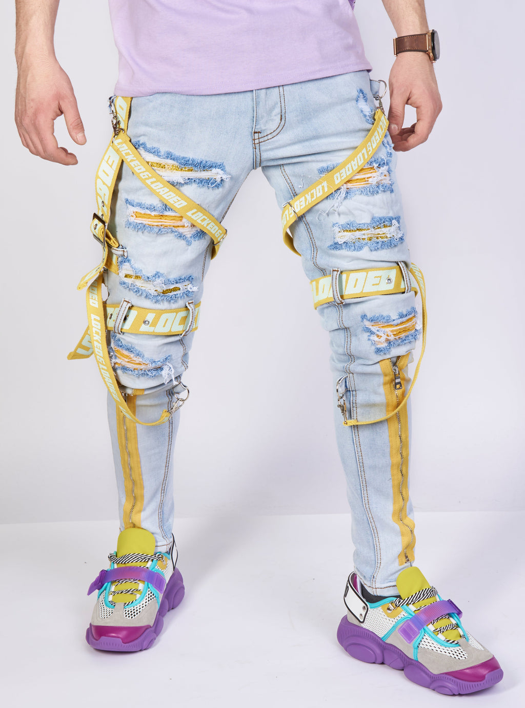 LNL Jeans - Straps and Stones - Light Blue and Yellow - LL113
