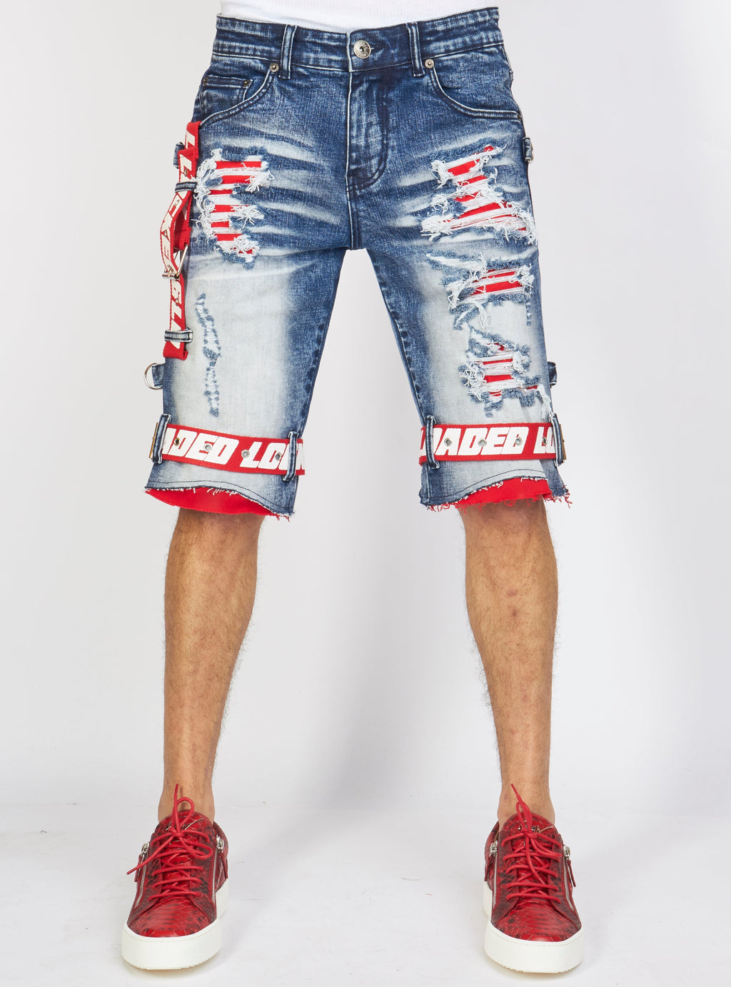 LNL Shorts - Strapped Denim - Medium Blue with Red and White - LDS421101