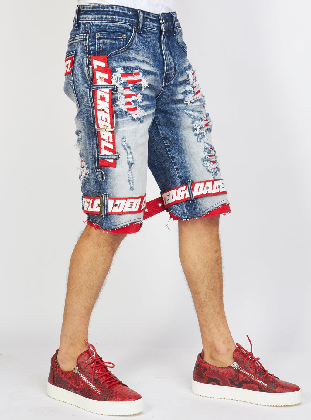 LNL Shorts - Strapped Denim - Medium Blue with Red and White - LDS421101