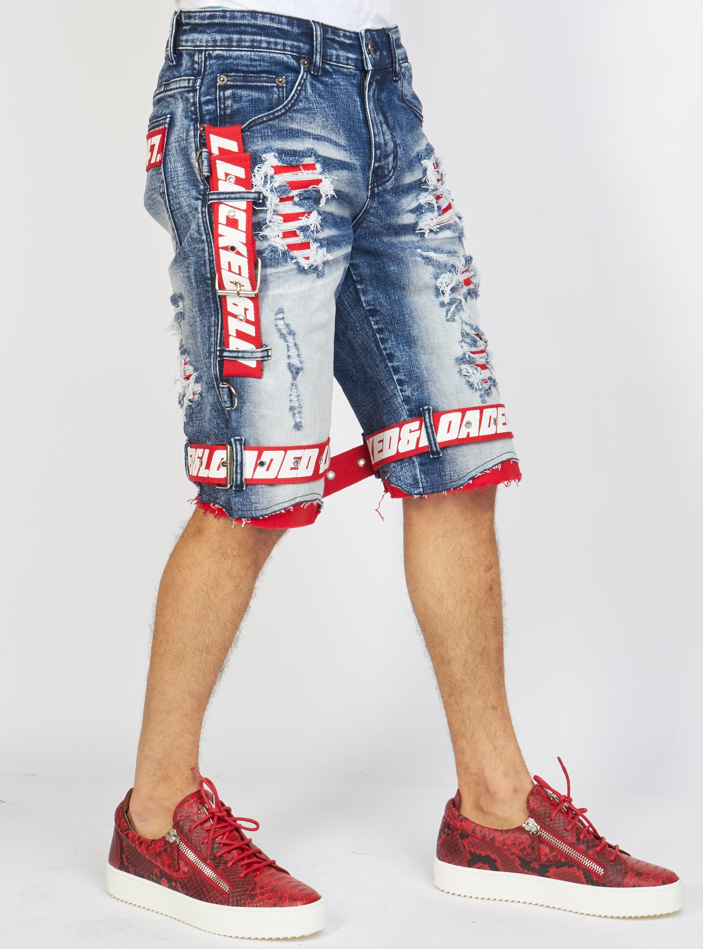LNL Shorts - Strapped Denim - Medium Blue with Red and White - LDS421101