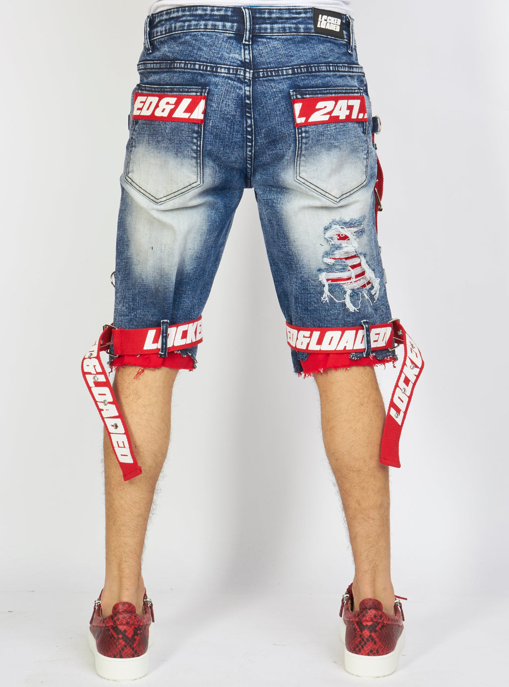 LNL Shorts - Strapped Denim - Medium Blue with Red and White - LDS421101