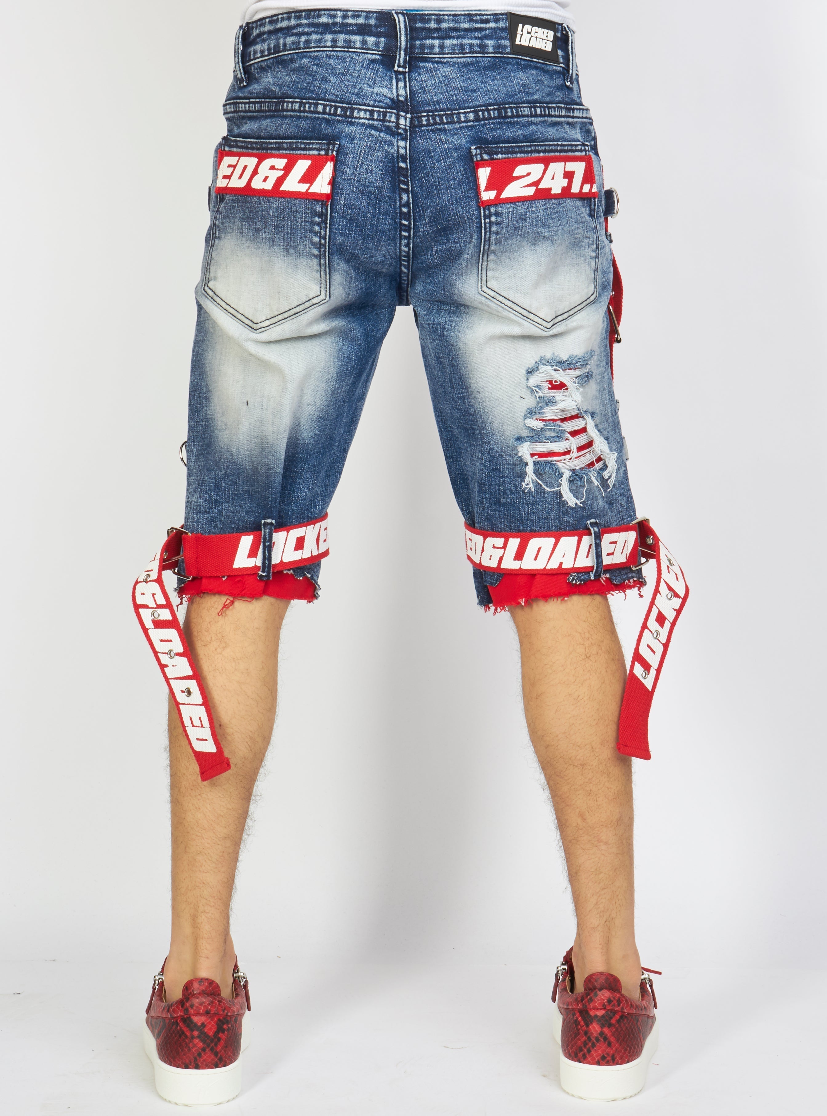 LNL Shorts - Strapped Denim - Medium Blue with Red and White - LDS421101