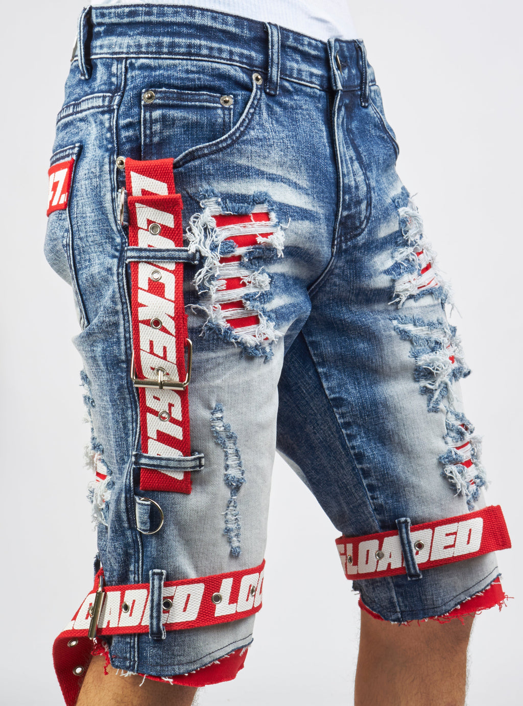 LNL Shorts - Strapped Denim - Medium Blue with Red and White - LDS421101