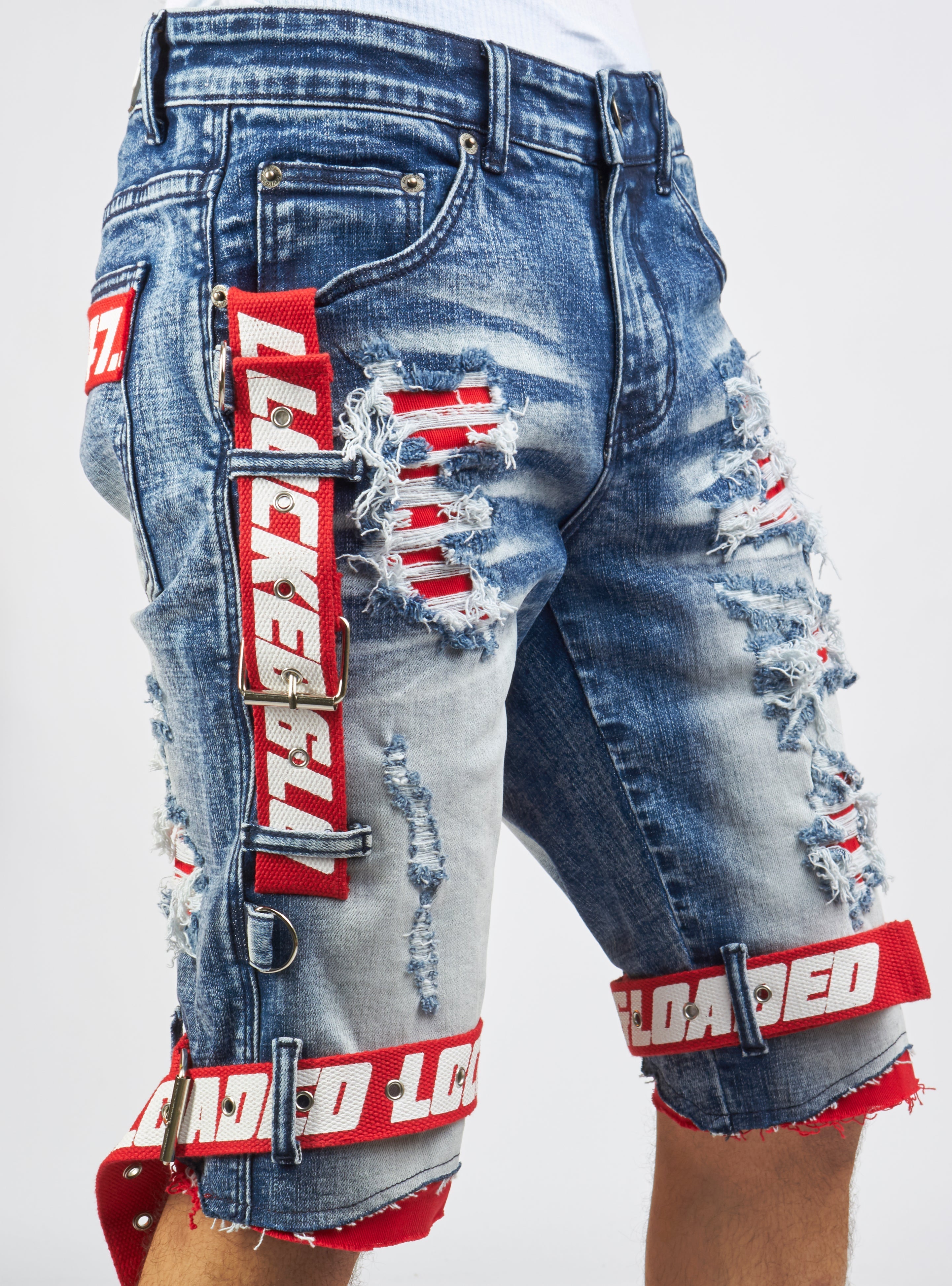 LNL Shorts - Strapped Denim - Medium Blue with Red and White - LDS421101