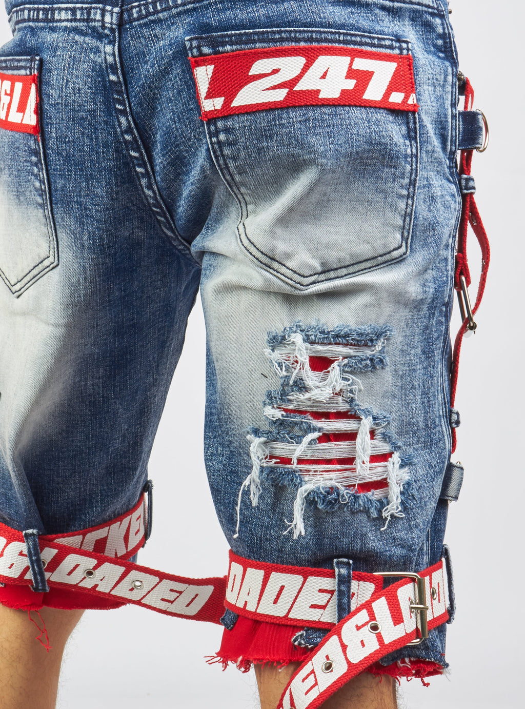 LNL Shorts - Strapped Denim - Medium Blue with Red and White - LDS421101