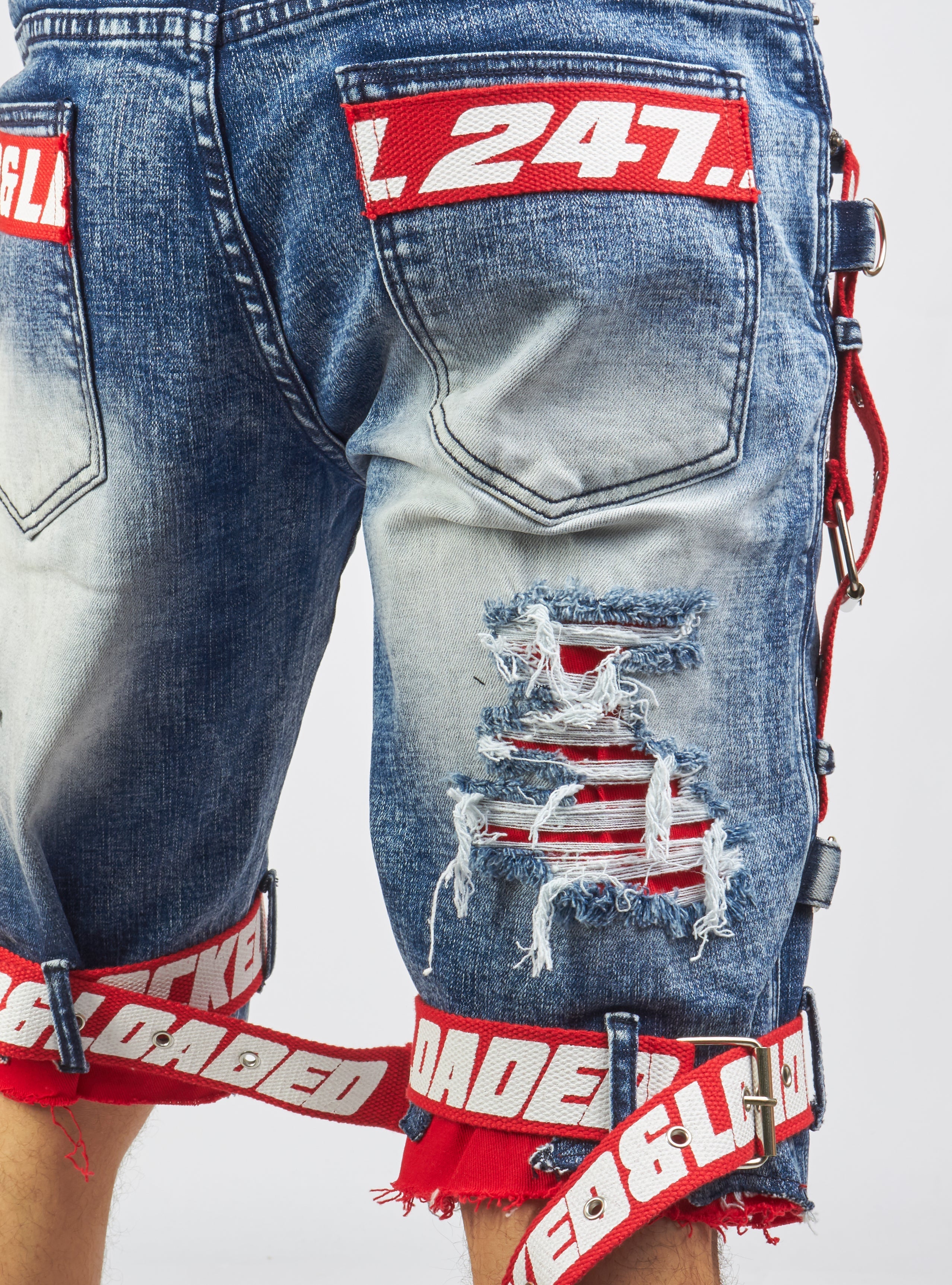 LNL Shorts - Strapped Denim - Medium Blue with Red and White - LDS421101
