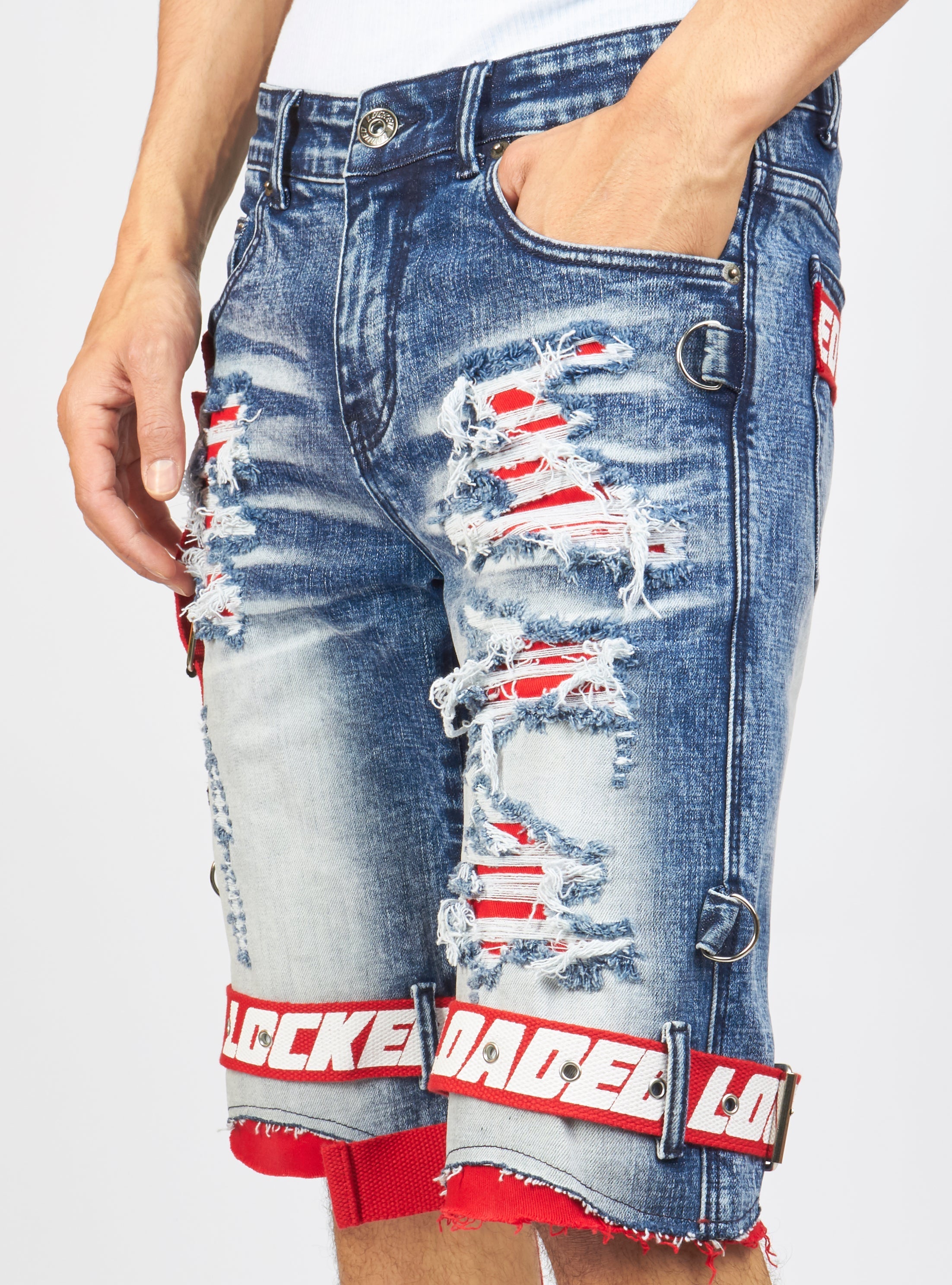 LNL Shorts - Strapped Denim - Medium Blue with Red and White - LDS421101