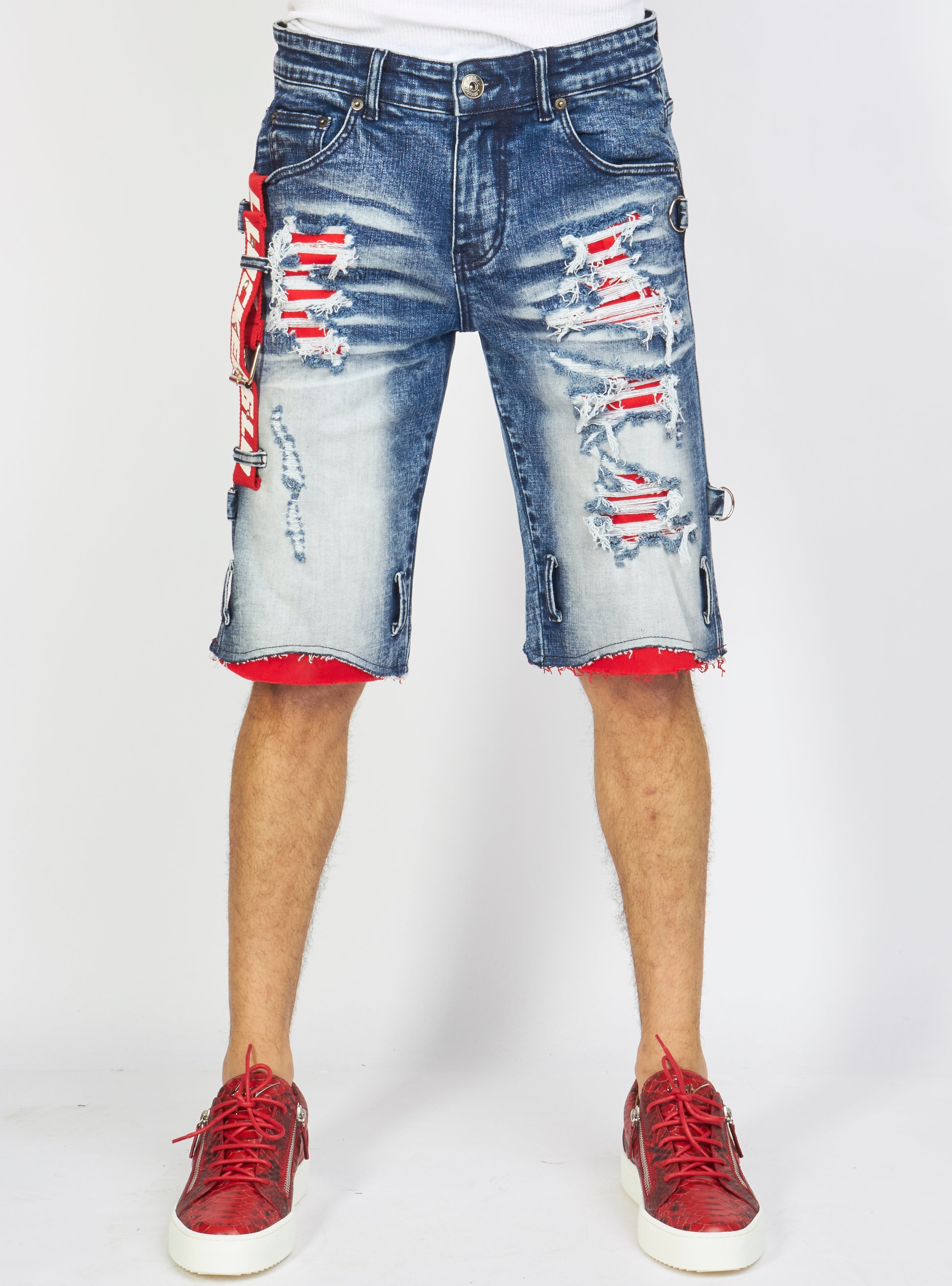 LNL Shorts - Strapped Denim - Medium Blue with Red and White - LDS421101