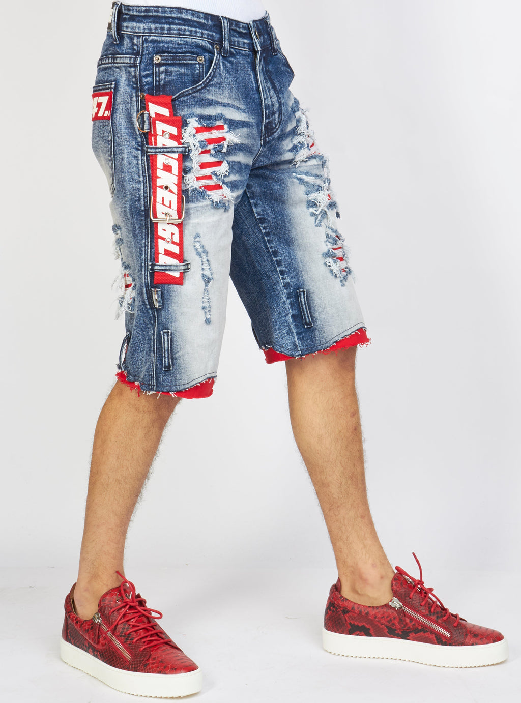 LNL Shorts - Strapped Denim - Medium Blue with Red and White - LDS421101