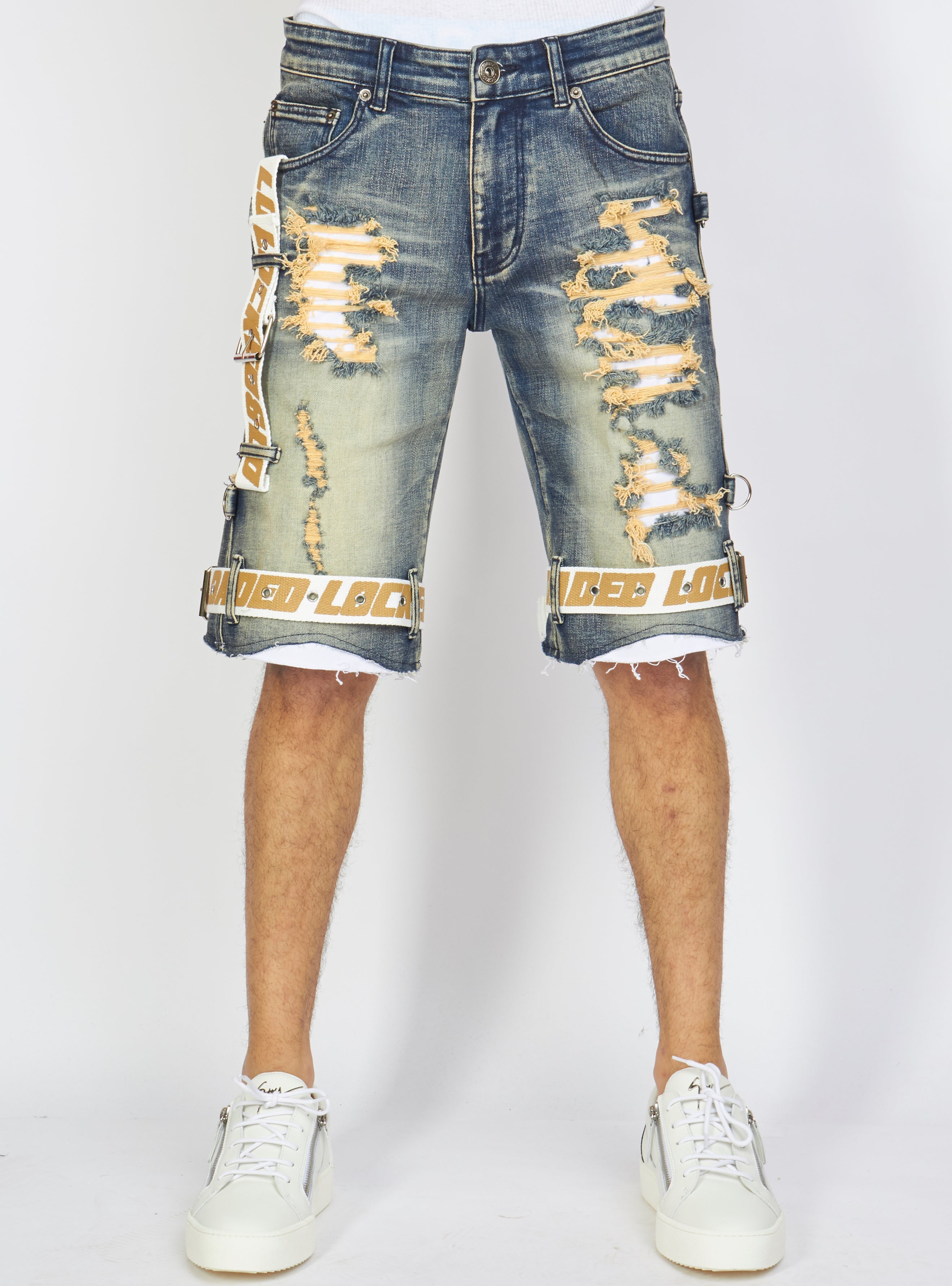 LNL Shorts - Strapped Denim - Vintage, White and Khaki - LDS421101