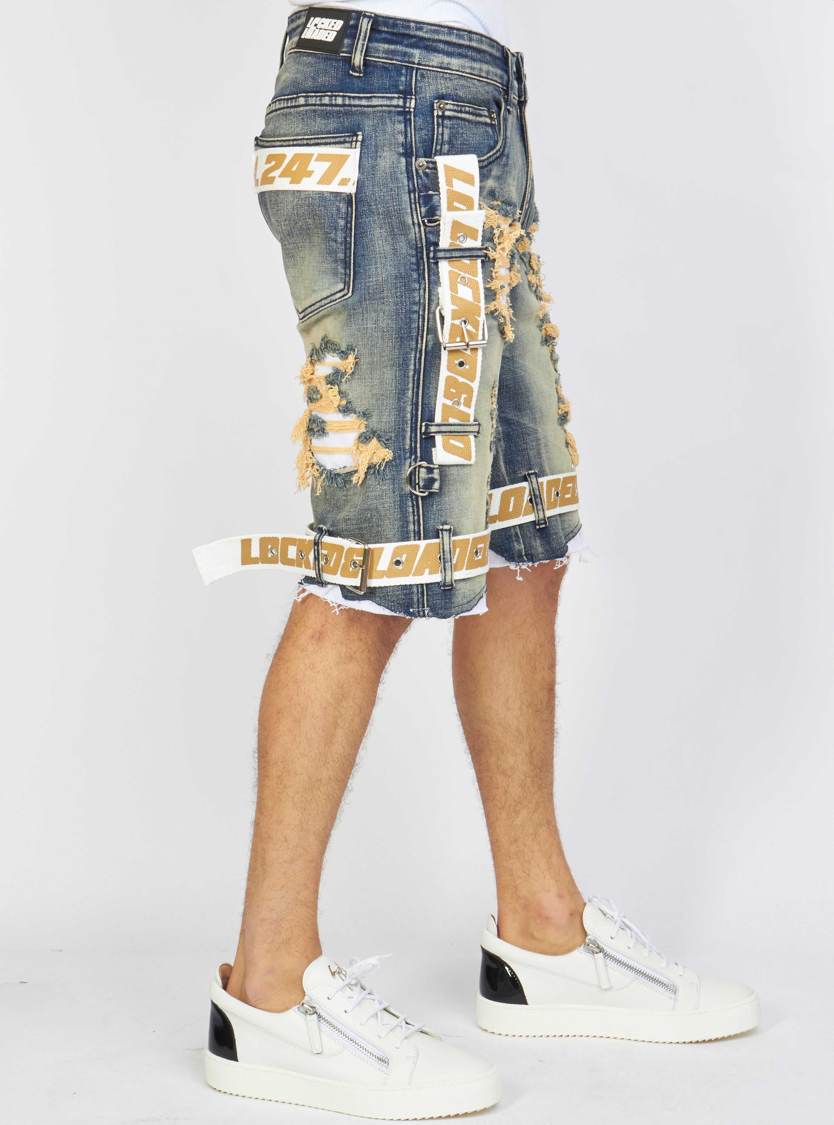 LNL Shorts - Strapped Denim - Vintage, White and Khaki - LDS421101