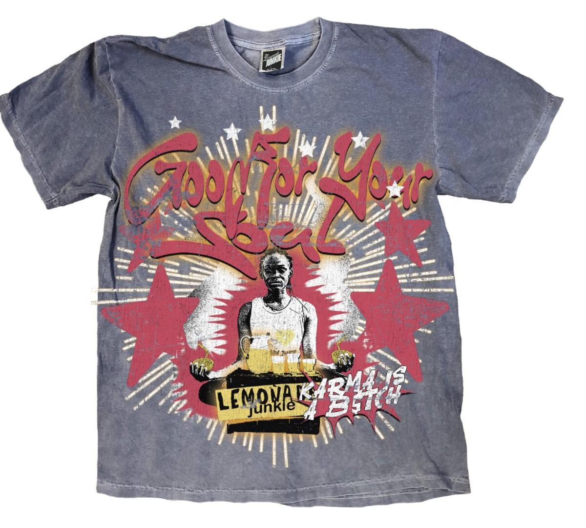 Lemonade Junkie T-Shirt - Karma Is A B$$$h - Washed Denim - LJ - 022423